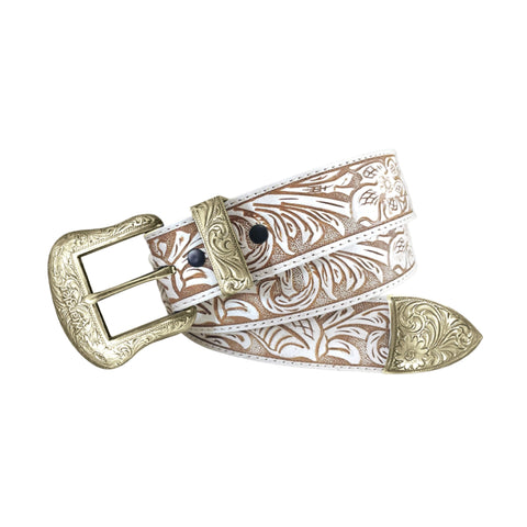 Coiled up view of white and brown floral embossed belt with gold metal. 