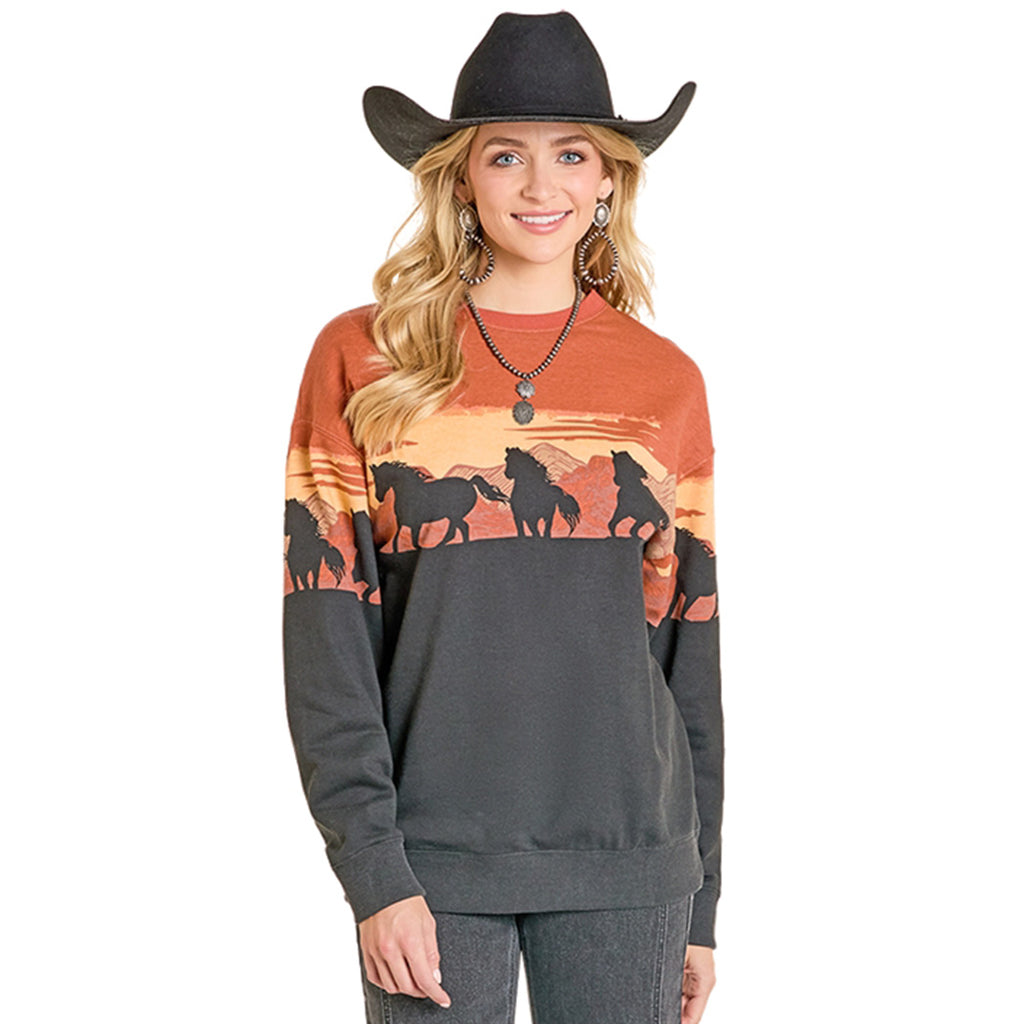 Rock and Roll Burnt Orange Horse Crew Neck