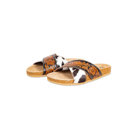 Hand Tooled and Hair on Hide Cross Strap Sandals