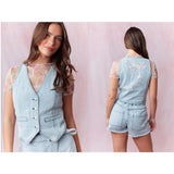 Washed Denim Bow Lace Motif Laser Cut Embroidery Detail Vest
