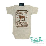 Oatmeal Colored Onesie with a Longhorn Graphic on the Back with Rope Me I Wanna Play 