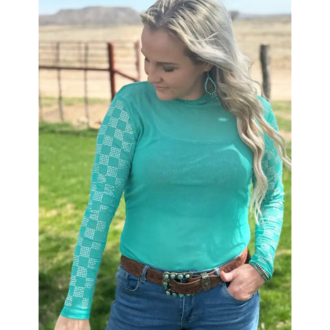 Turquoise Mesh Top with Rhinestone Checkered Sleeves