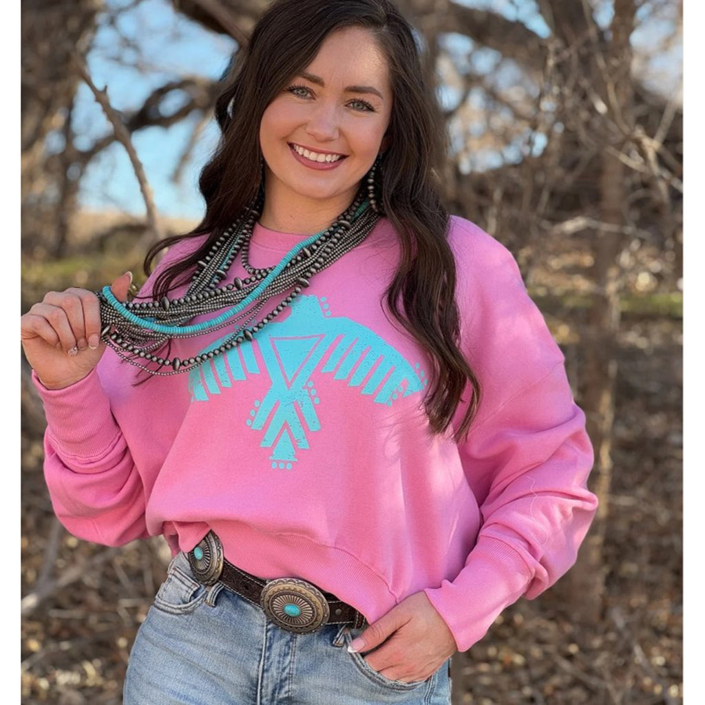 crop long sleeve sweatshirt, pink, turquoise thunderbird 