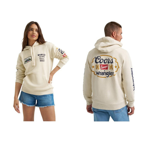 Models wearing Wrangler x Coors Cream Hoodie