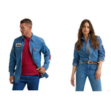 Models wearing Wrangler x Coors denim shirt, layered over tee