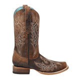 Full side view of brown flame embroidered boot. 