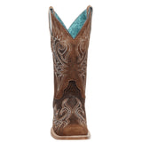 Full front view of brown flame embroidered boot. 