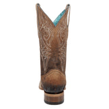 Back side view of brown flame embroidered boot. 