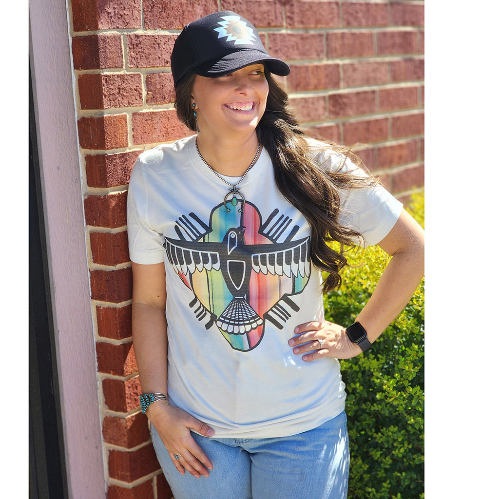 Thunderbird with Serape design behind 