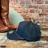 black cap rope across the front 