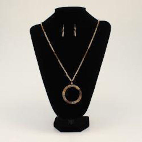 Full view of Brown Shimmer Beaded Round Pendant Earring & Necklace Set 