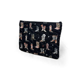 small makeup bag, thunderbird boots print, black, zipper 