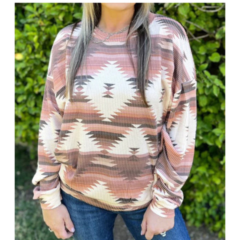 Cream and Mauve Aztec Design Long Sleeved Pullover  