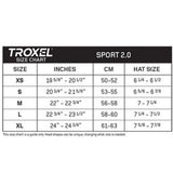 Sizing chart for helmet with inches, centimeters, size, and hat size. 