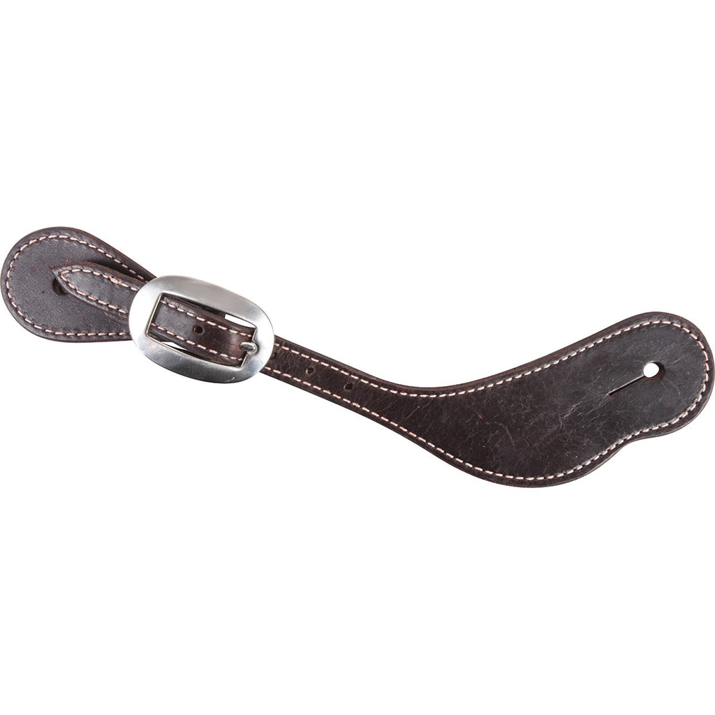 dark brown spur strap with white stitching
