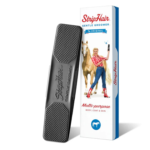 Grooming tool and box package standing vertical. 