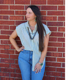 Front of Green an White Striped Blouse 