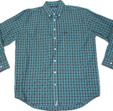 Turquoise and brown plaid print long sleeve button down shirt. 