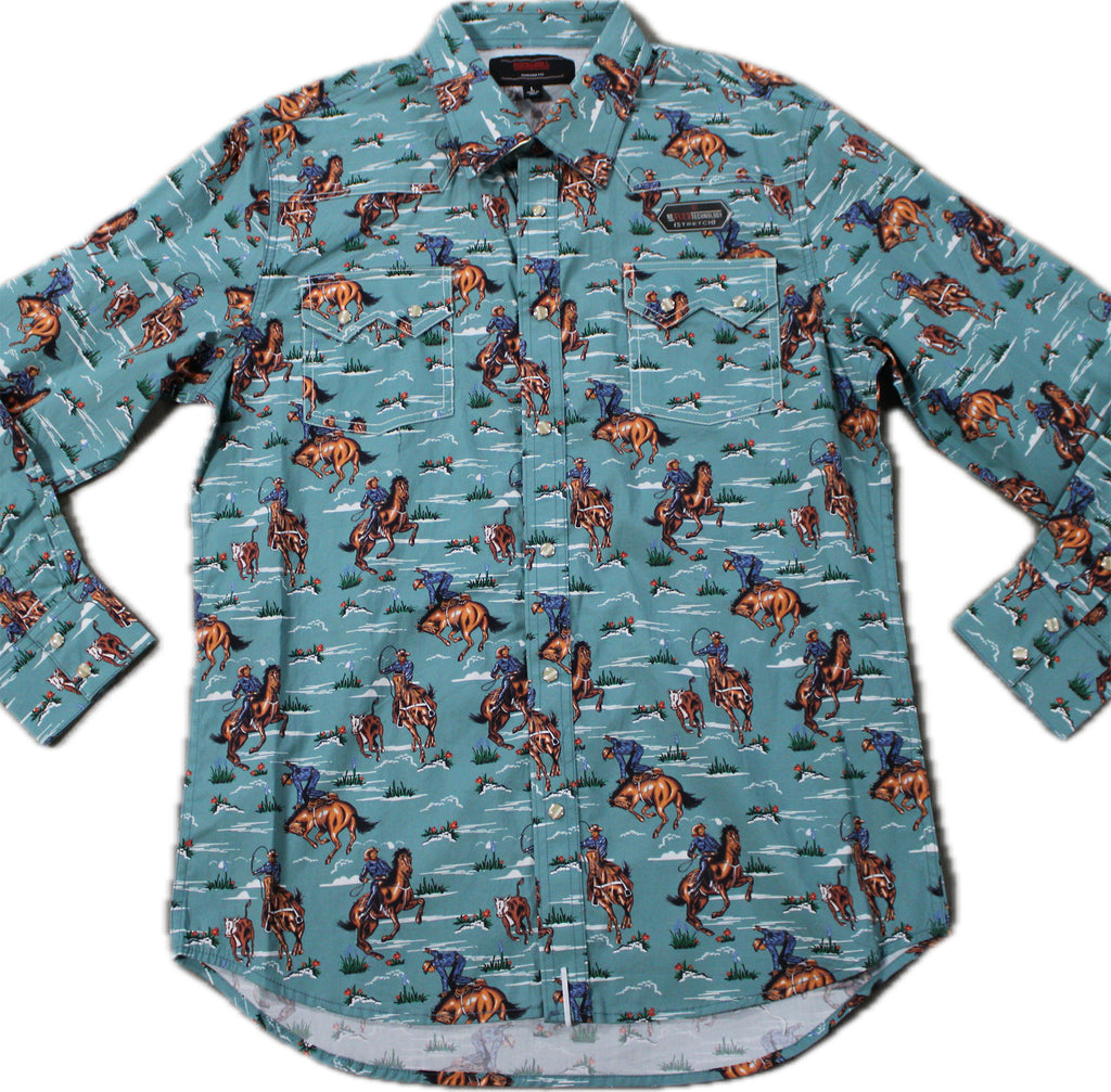 Teal colored long sleeve pearl snap shirt with bronc rider print and double sawtooth snap flap pockets. 