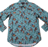 Teal colored long sleeve pearl snap shirt with bronc rider print and double sawtooth snap flap pockets. 