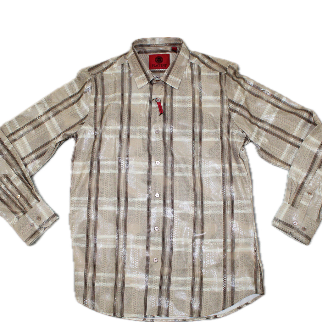 Flat lay of beige and black plaid button down shirt.