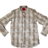 Flat lay of beige and black plaid button down shirt.