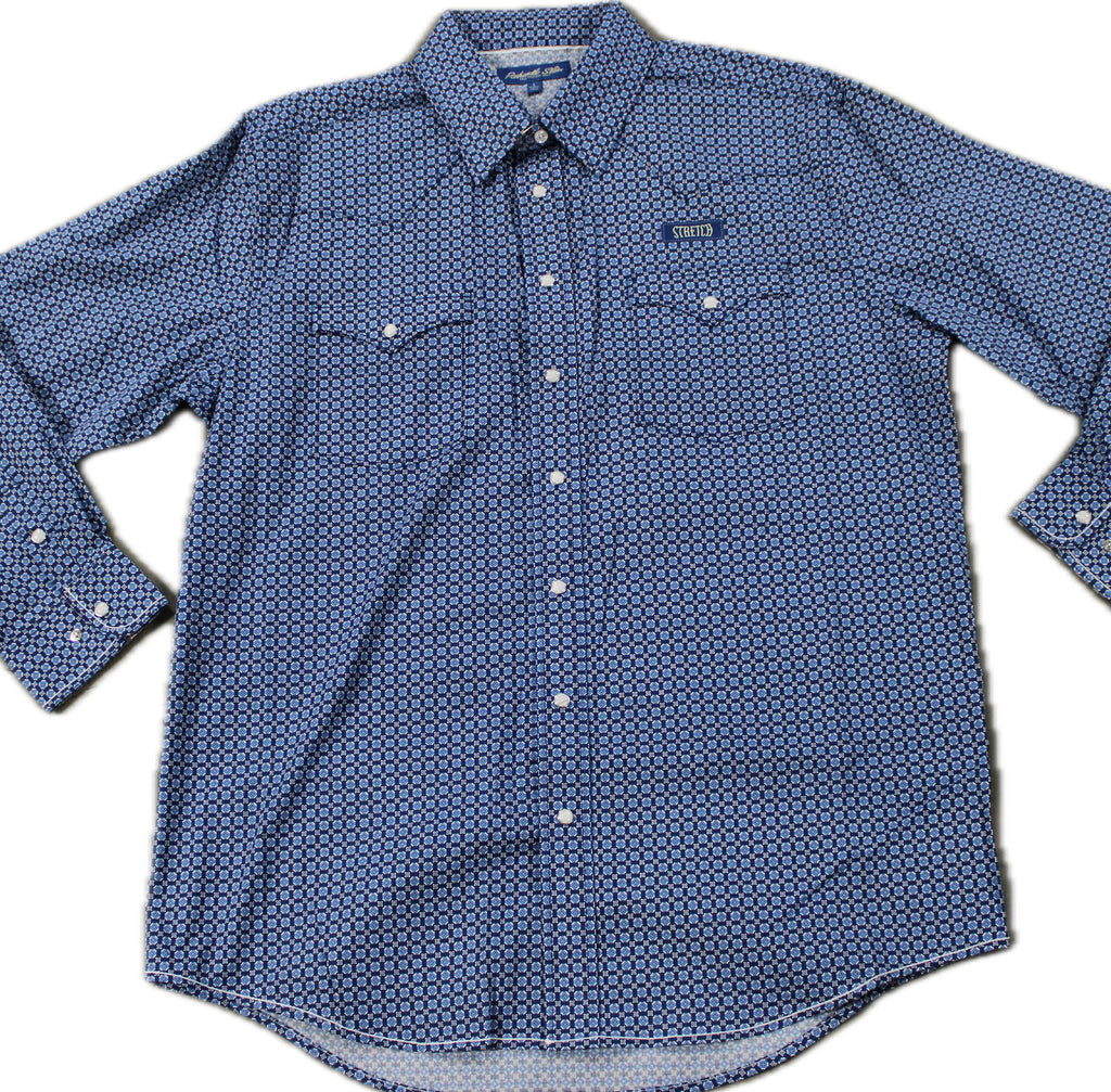 Flat lay of dark blue geometric print long sleeve pearl snap shirt. 