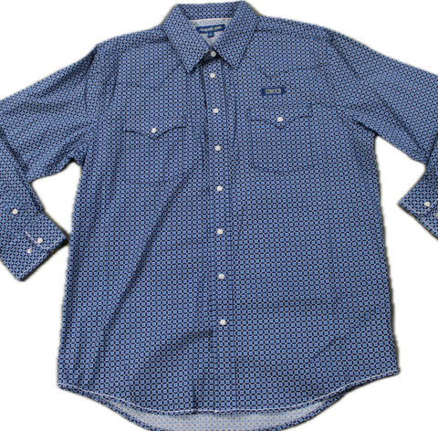 Flat lay of dark blue geometric print long sleeve pearl snap shirt. 