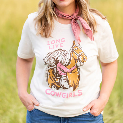 women's cream-colored short sleeve t shirt with long live cowgirl's graphic on front