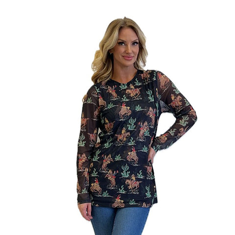 Black Mesh Long Sleeve with Cowboys and Cactus Graphics