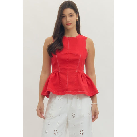 Red Denim Ruffle Tank
