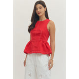 Red Denim Ruffle Tank