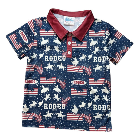 Front side view of flat lay short sleeve American rodeo polo. 