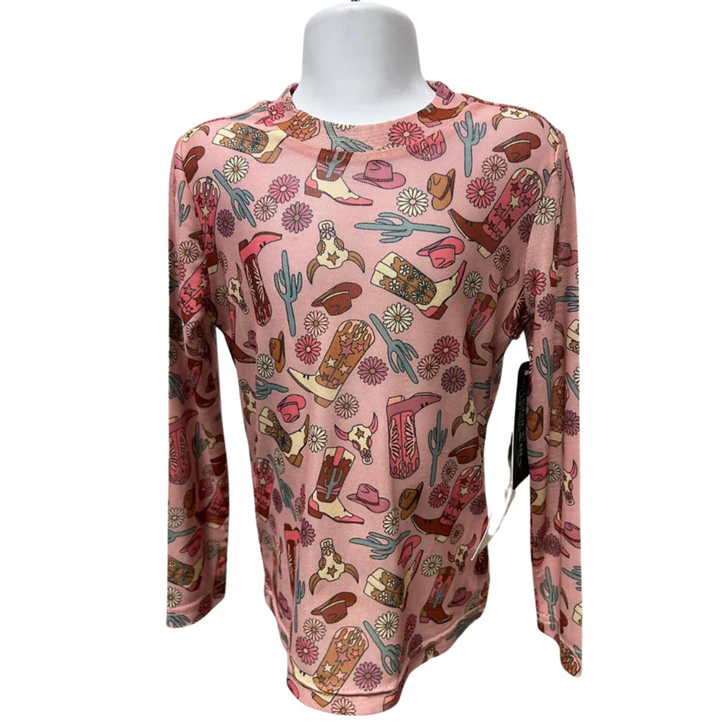 Pink Long Sleeve Mesh Top with Western Graphics