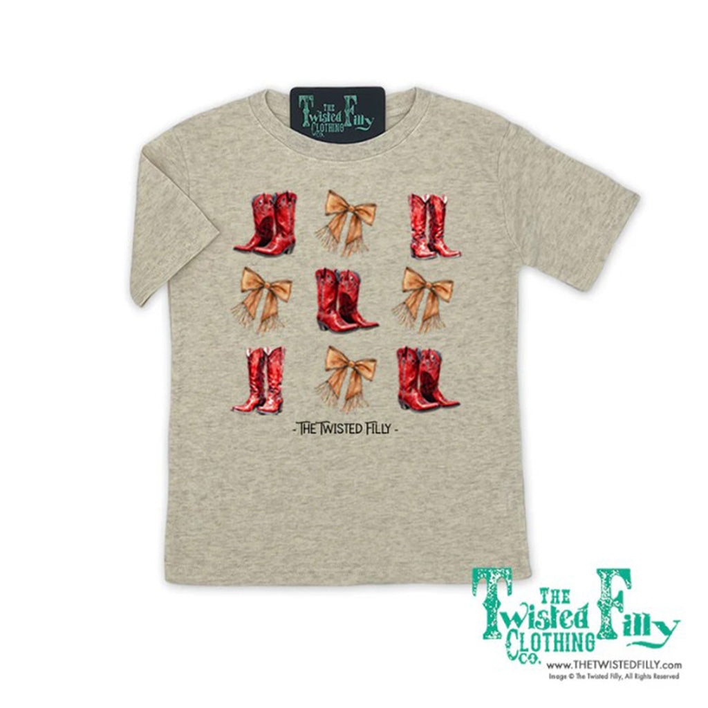 Oatmeal Colored T-shirt with a Boots and Bows Graphic
