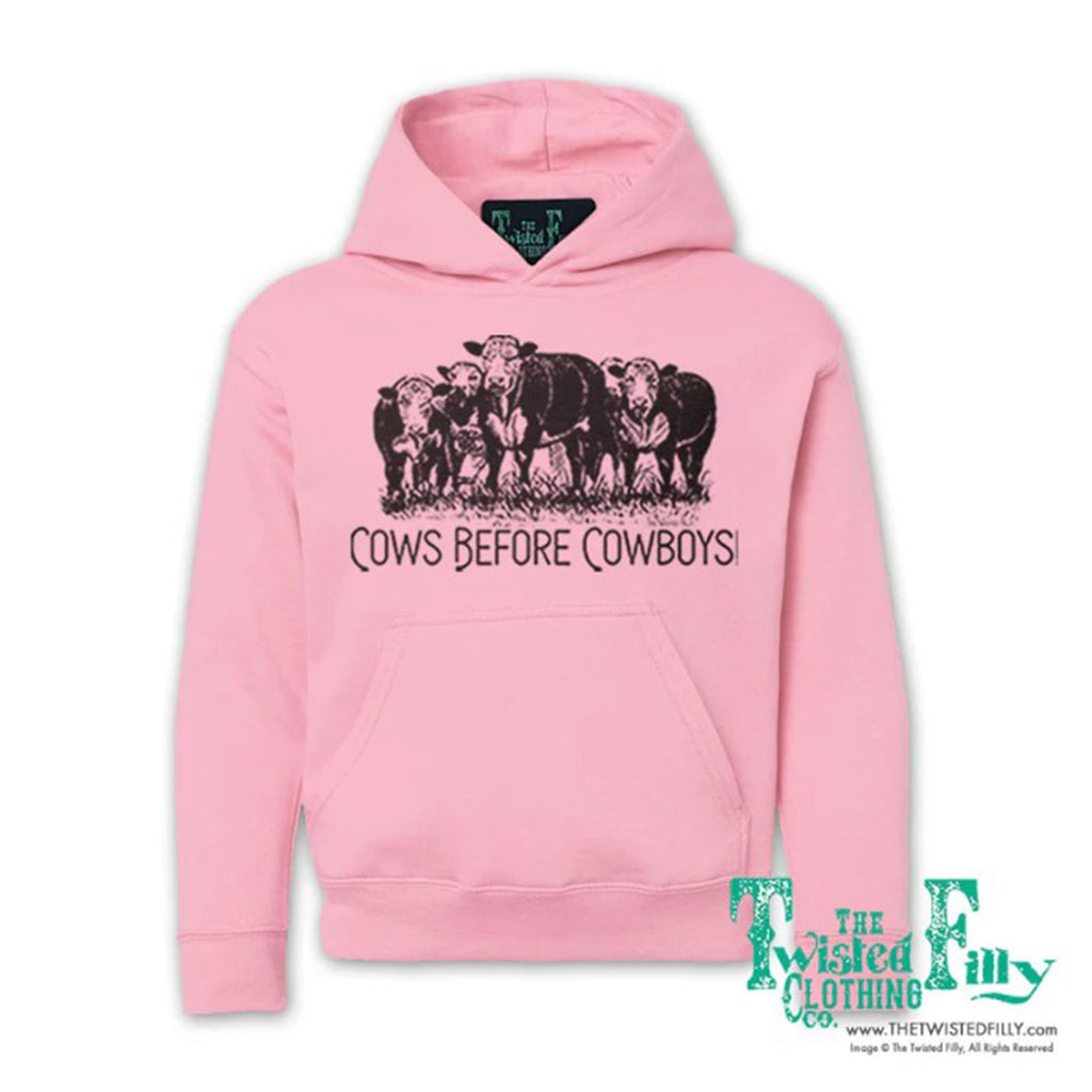 Cows Before Cowboys Pink Hoodie wih Cattle Graphic