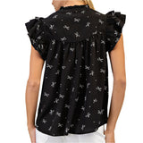 Women's Bow Print Ruffled Short Sleeve Top