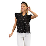 Black and White Bow Print Short Ruffled Sleeves Shirt
