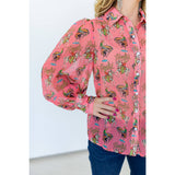 women's semi sheer pink long sleeve blouse with western graphics all over Right side view