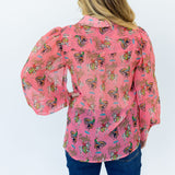women's semi sheer pink long sleeve blouse with western graphics all over back view