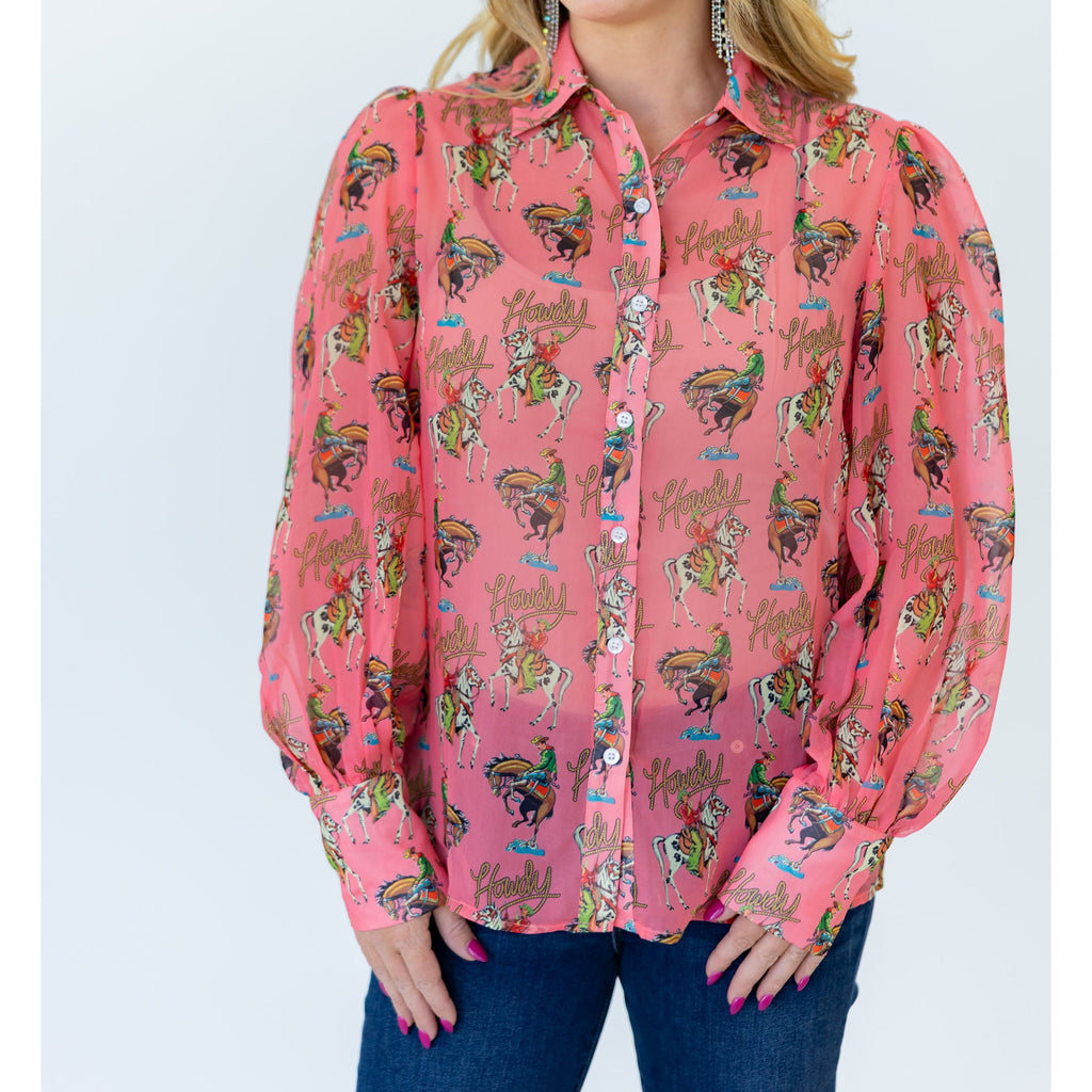 women's semi sheer pink long sleeve blouse with western graphics all over