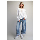 Women's Contrast Exposed Topstitch Long Sleeve Top Full Front View