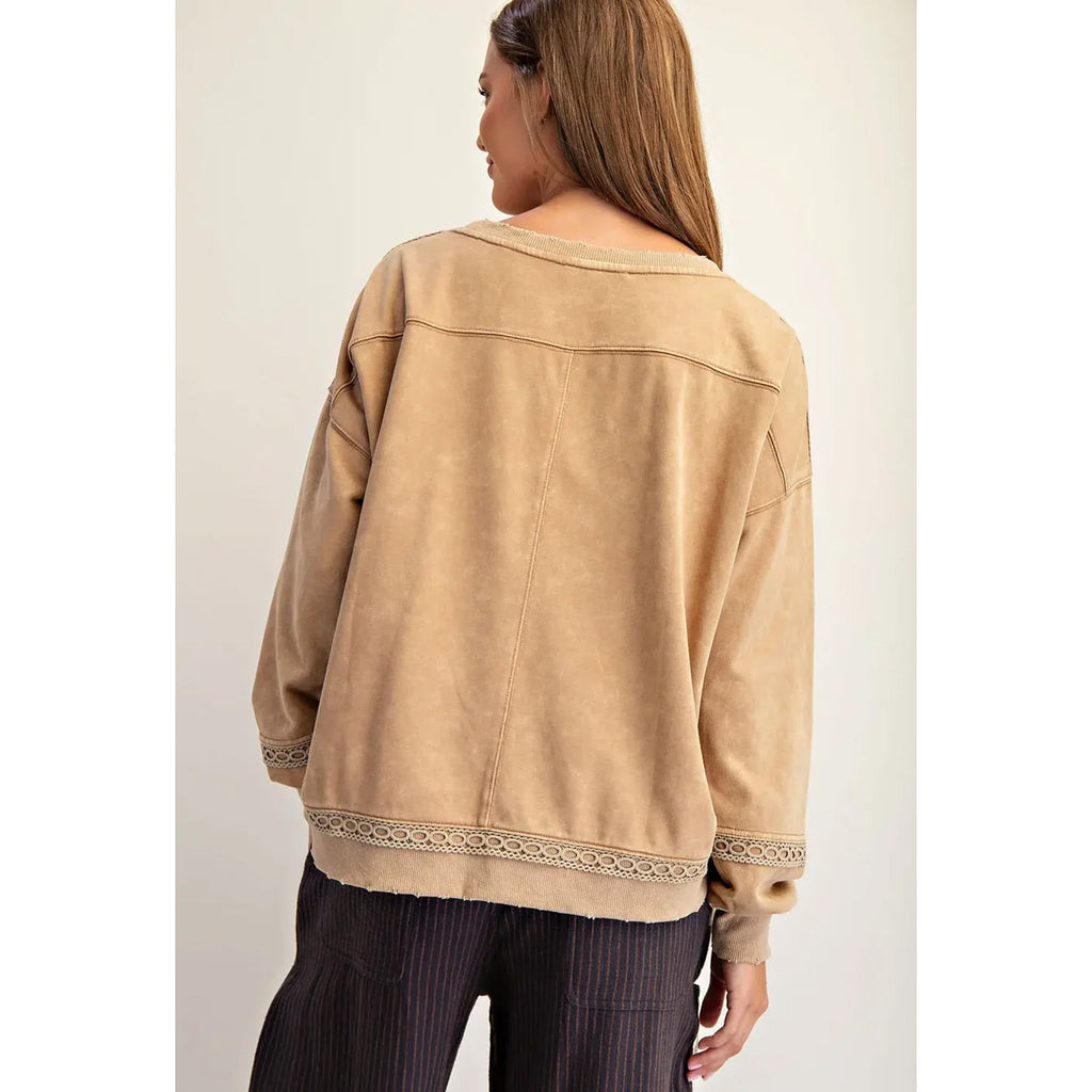 Mocha Boot Motif Pocket Crochet Embellishments Sweatshirt