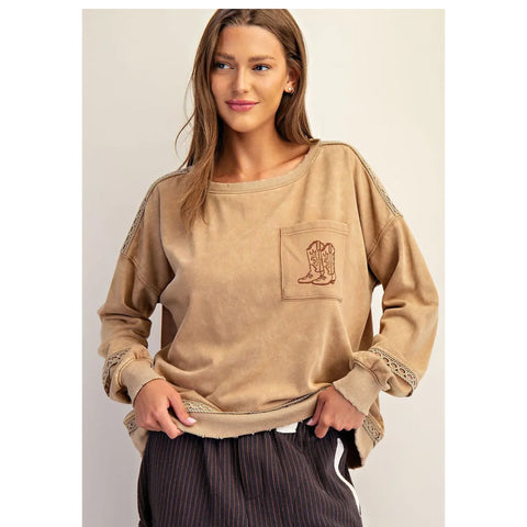 Mineral Washed Boot Motif Long Sleeve Sweatshirt in Mocha Mousse