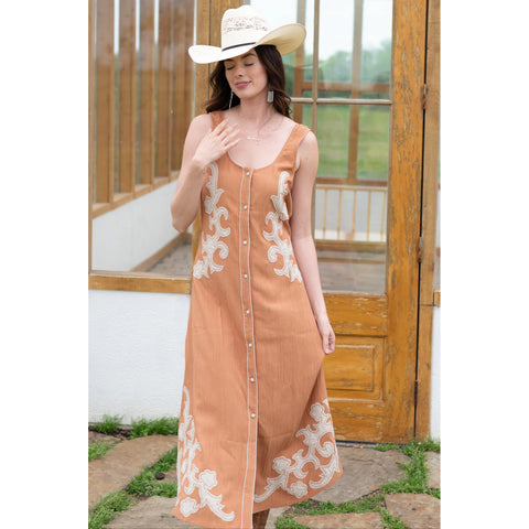 APRICOT DRESS WITH WHITE STITCH APPLIQUE