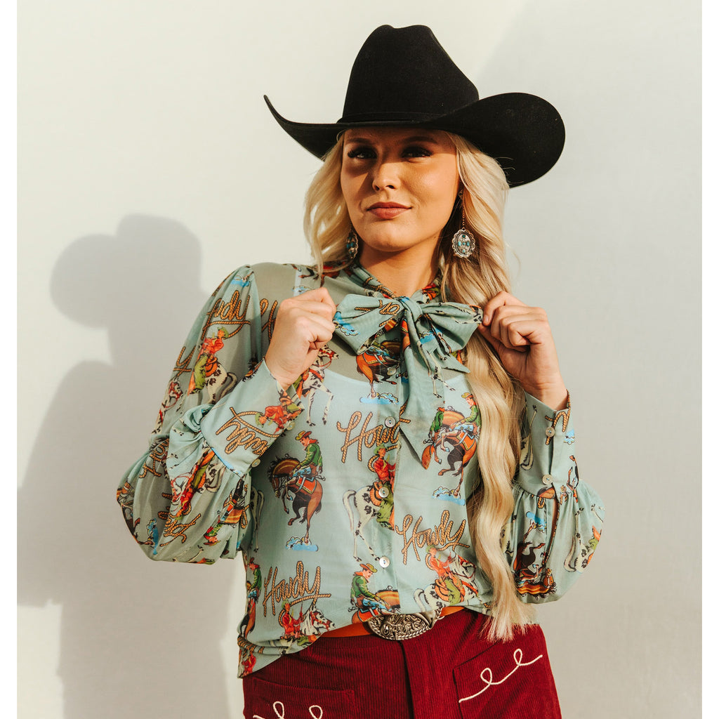 Women's Teal Howdy Bow Button Up