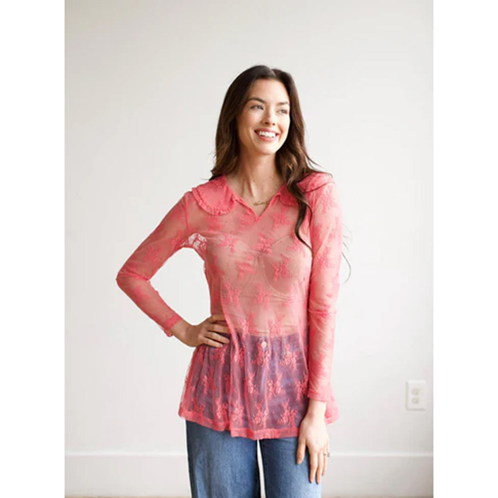 Pink Sheer Lace Long Sleeve Shirt with Lace Collar