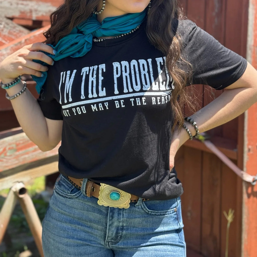 women's black t shirt with white writing I'm the problem