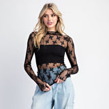 Black Lace Mesh Long Sleeve Top