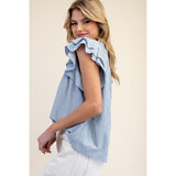 Blue & White Striped Double Ruffled Short Sleeve Top